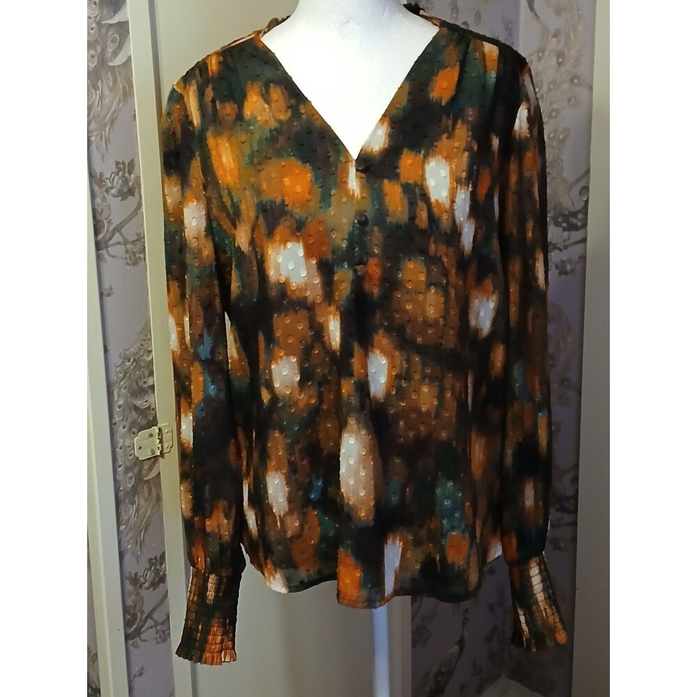 Calvin Klein VNeck Mandarin Collar Blouse Orange/Brown TyeDye Pattern NWOT Small